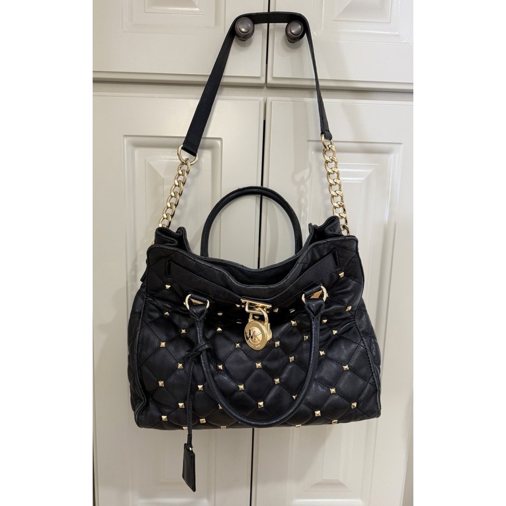 Michael Kors Black Quilted Studded Leather‎ Satchel Chain Drawstring Padlock Bag
